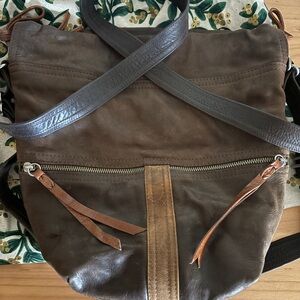 Dark Brown Leather Hobo Bag with Tan Accent